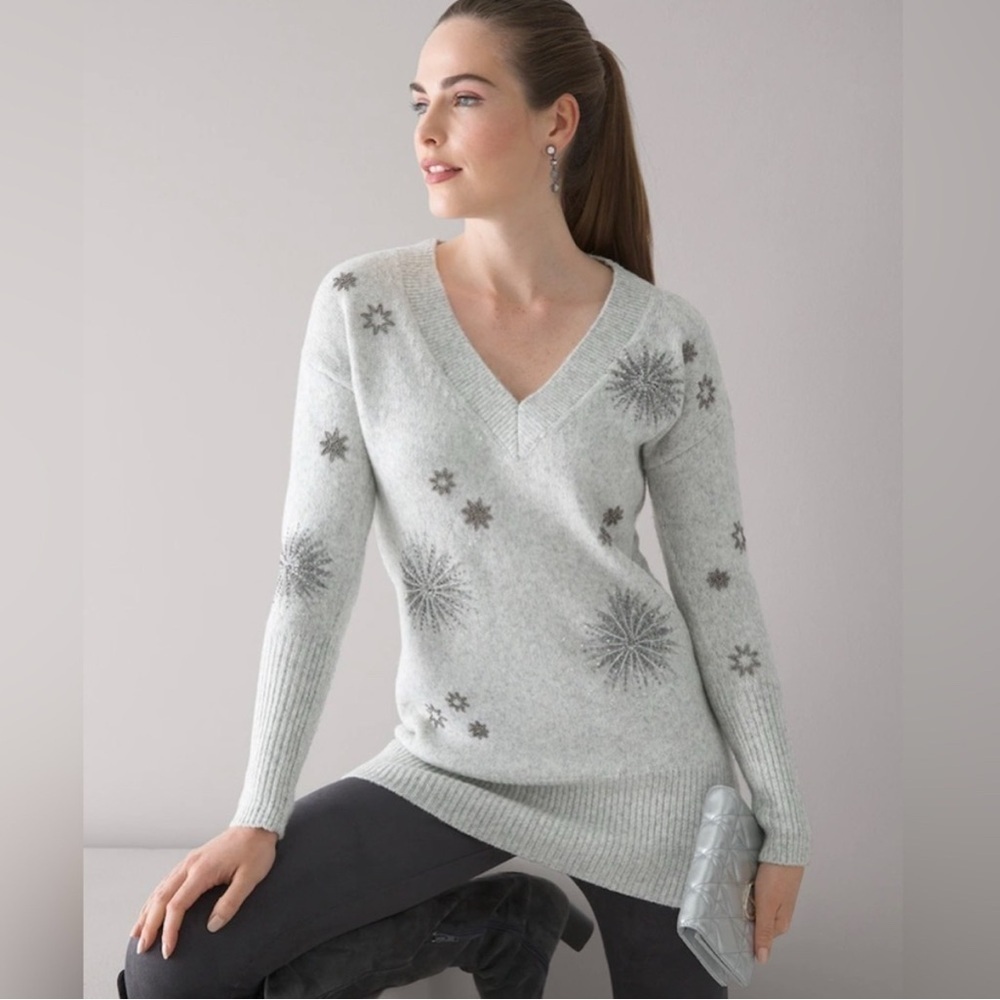 WHBM Snowflake Embellished V-Neck Tunic Sweater Light Gray Size Small Wool Blend